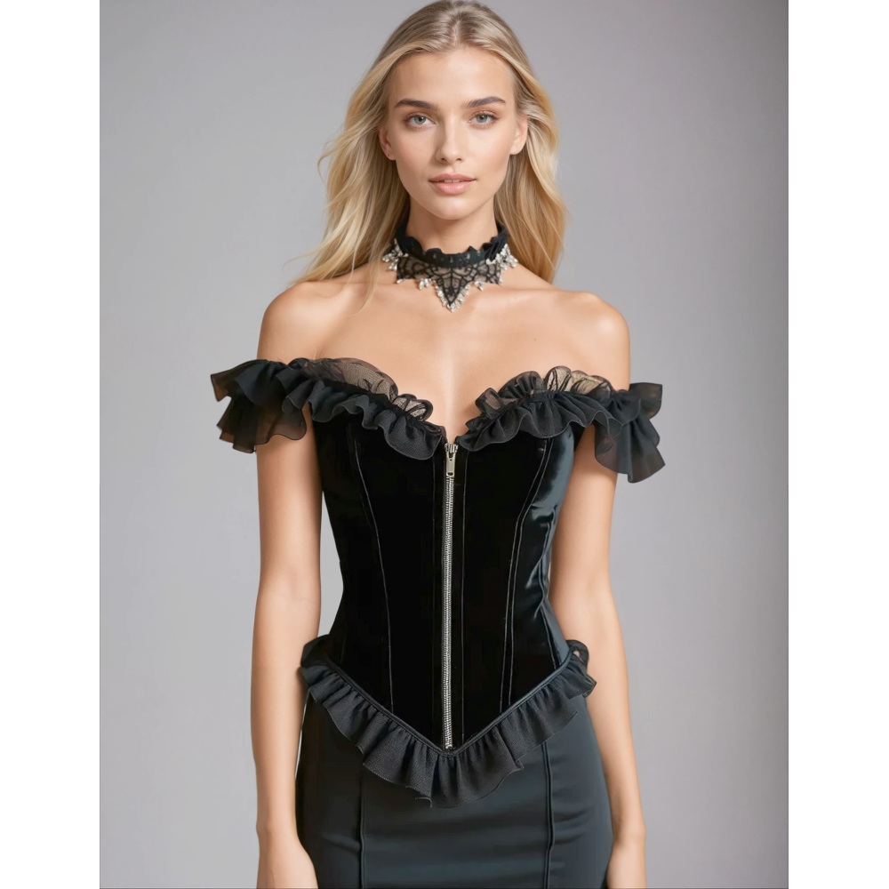 Attitude Corsets - Genivee Off Shoulder Vollbrust Korsett - Schwarz